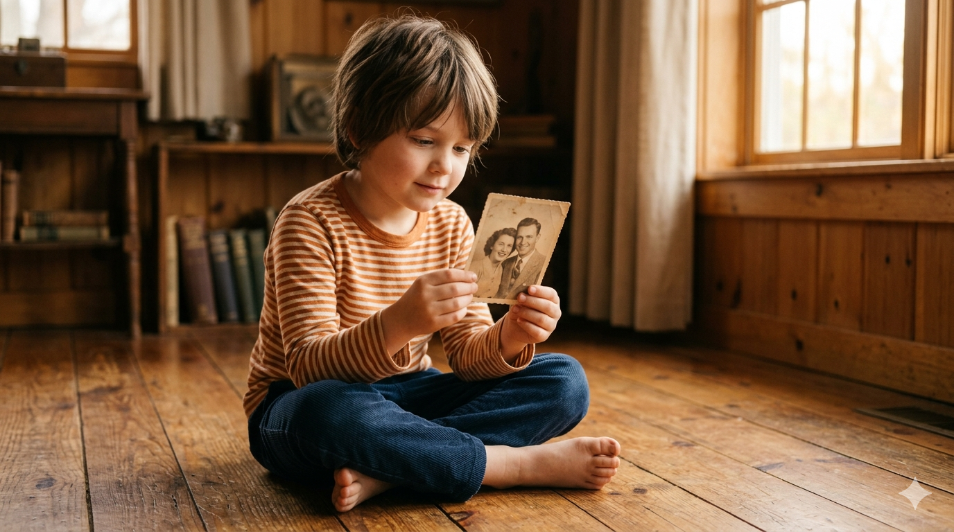 Child looking at old photograph