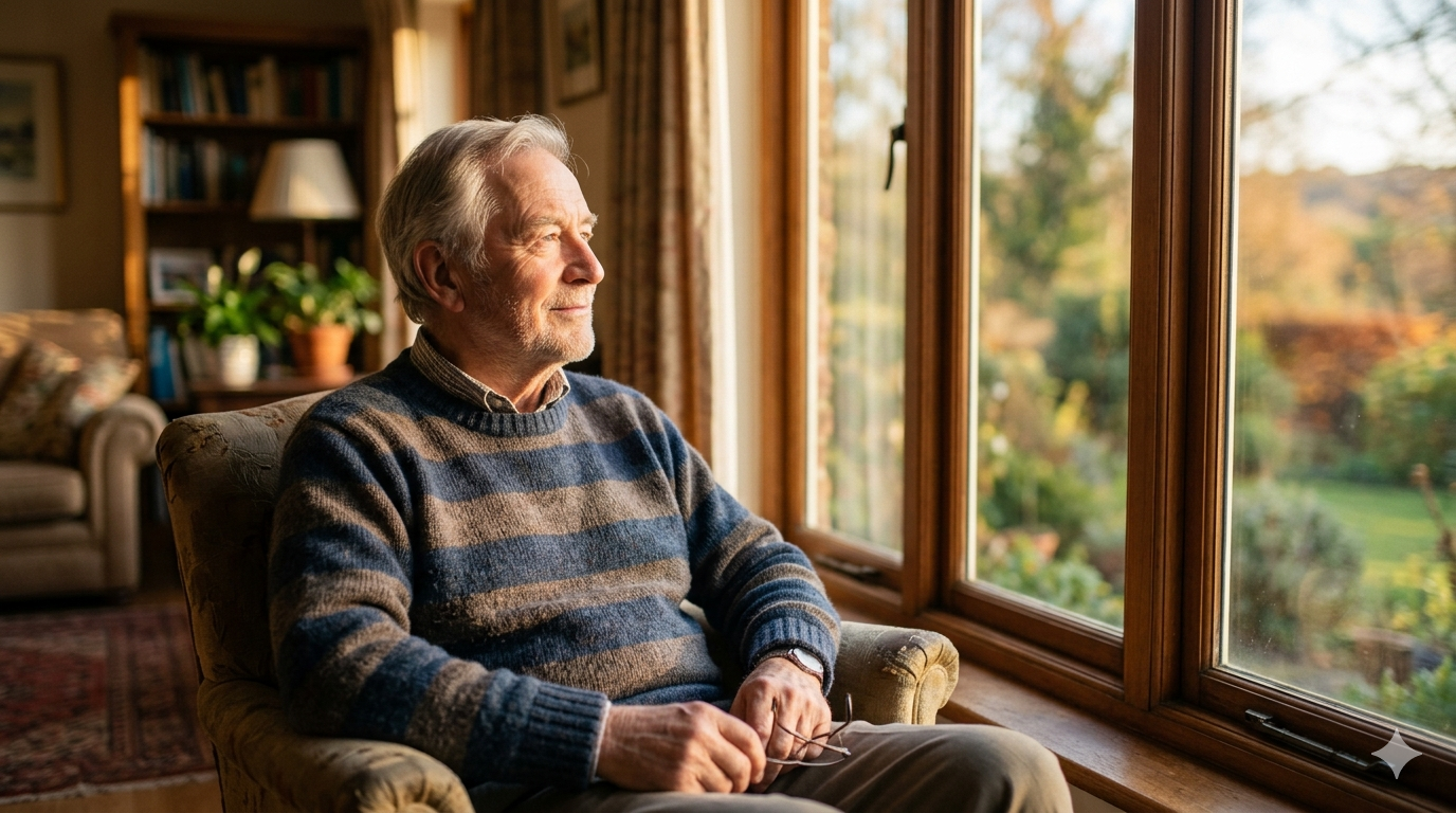 Elderly person looking out window